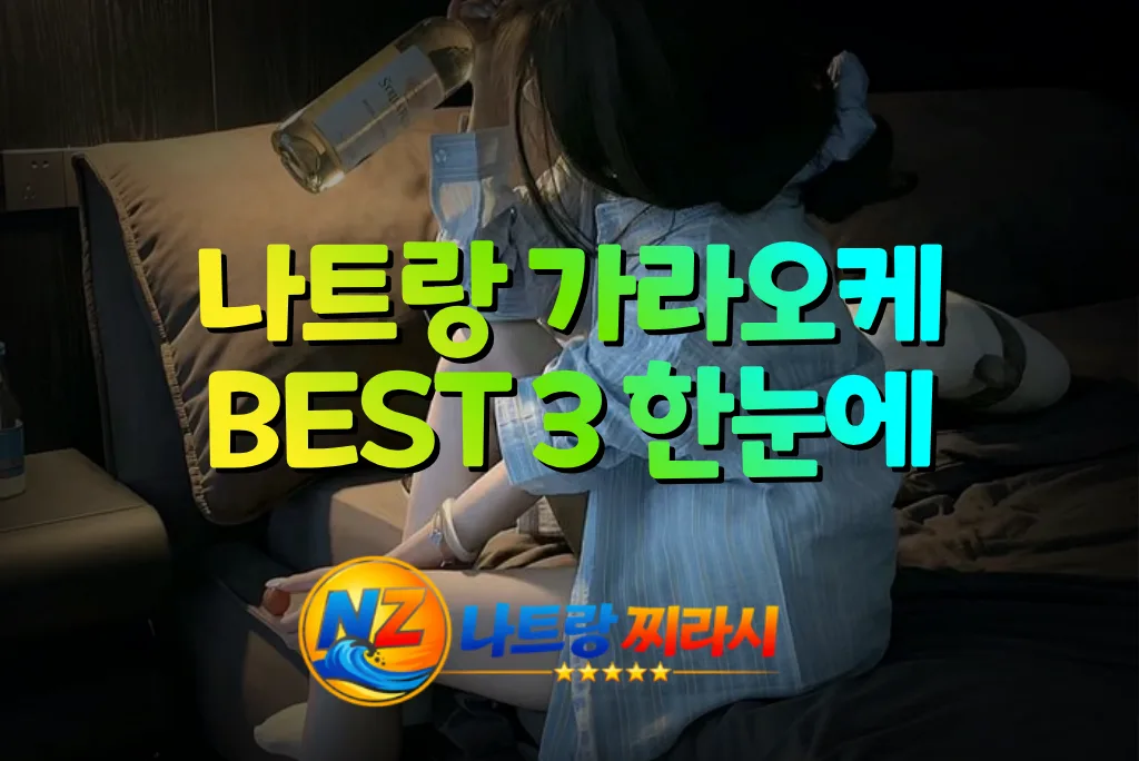 Thumbnail with bold Korean text '나트랑 가라오케 BEST 3 한눈에' over a person on a bed; NZ logo bottom-left.