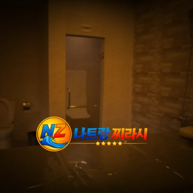Dimly lit bathroom with a toilet on the left, a doorway in the back, and a stone wall on the right; watermark/logo at the bottom.