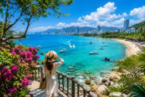 Woman in a sunhat and white dress stands on a wooden railing, overlooking a turquoise bay with boats and a pink flowering foreground.
