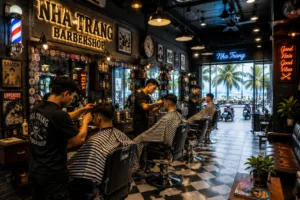 Barbershop interior with multiple clients getting haircuts and retro decor, neon signs, and checkered flooring inside the shop.
